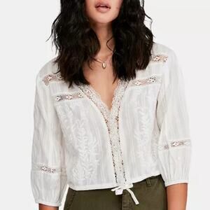 Free People Follow Your Heart Top White Cotton Lace Embroidered Relaxed Medium